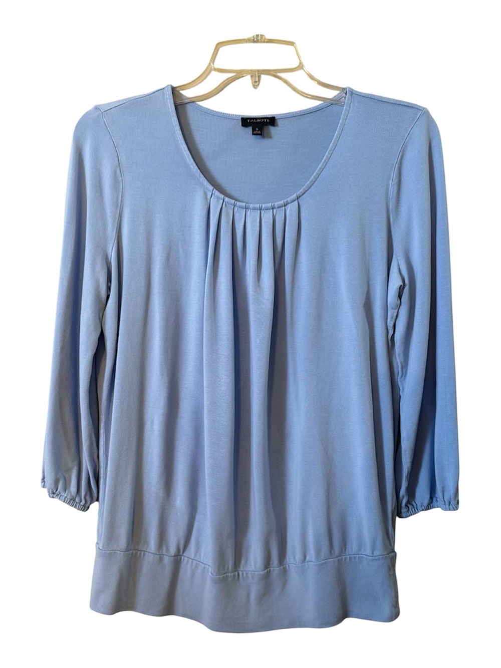 Talbots Light Blue Pleated Scoop Neck Top 3/4 Sleeve Small Rayon Lyocell EUC